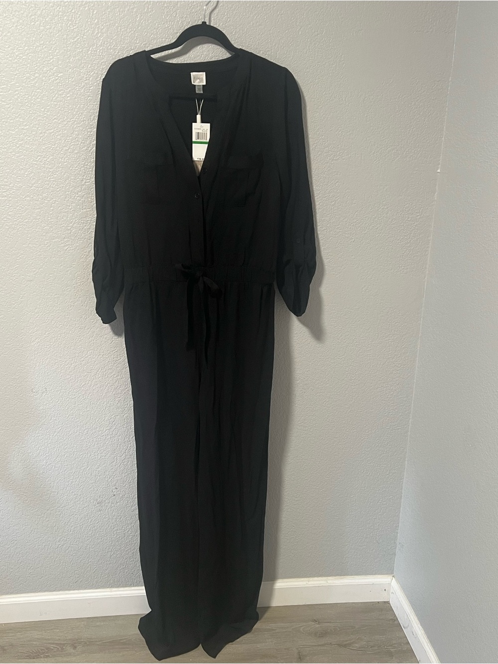 Women's Black Long Sleeve Pant Jumpsuit with Tie Waist